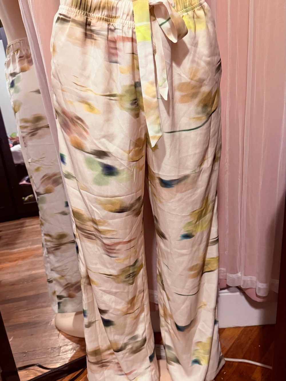 H&M Cream Wide-Leg Floral Watercolor Pants